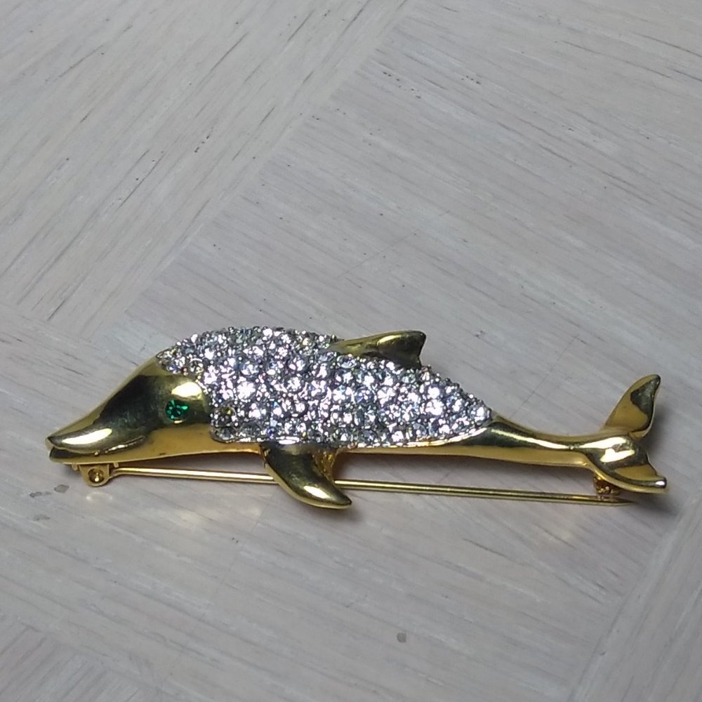 Gold Tone Rhinestone Dolphin Brooch